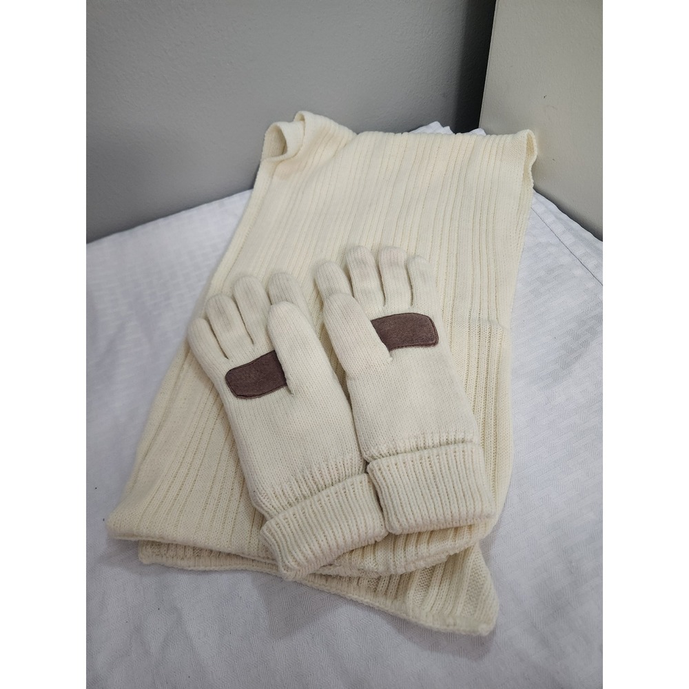 Cream Ribbed Knit Scarf and Gloves Set Ivory Winter Accessories with Patches
